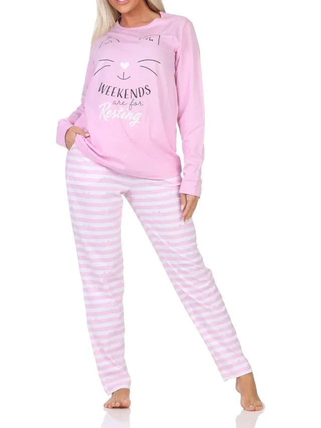 Normann dames pyjama met lange mouwen in kattenlook – ook in grote maten rosa