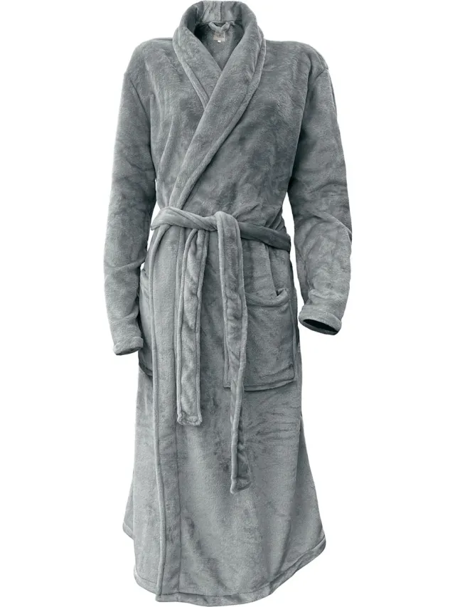 LINNICK Flanel Fleece Uni Badjas - Dark Grey - M - Badjas Dames - Badjas Heren Antraciet