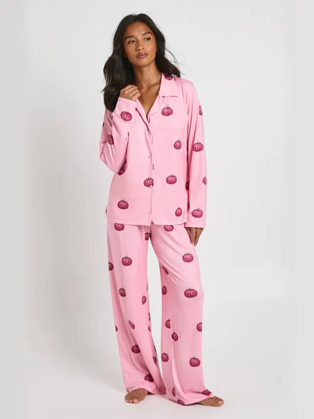 boohoo Dames Petite Halloween Pompoenprint Lange Mouwen Shirt & Broek Pyjama Set Roze