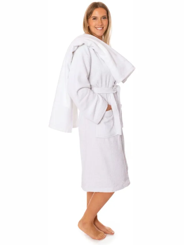 lavea Sauna Set Badjas Dames & Heren met Handdoek 80x200 cm – 100% Katoen, Zacht & Sterk Absorberend – Met Capuchon en Ceintuur – OEKO-TEX – Set Badjas XXL + Sauna Handdoek – Wit