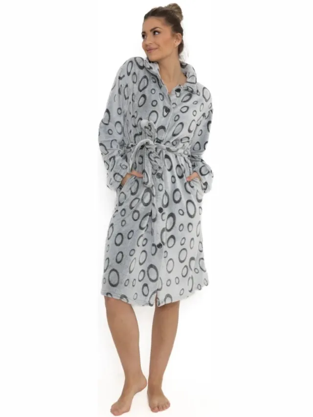 Cocodream Quality Cocodream dames badjas - fleece - met knopen - Cirkels - grijs Grijs, cirkels