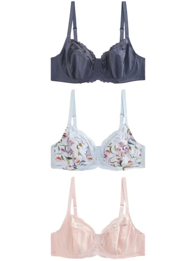 Next Dames - Set van 3 DD+ beha's zonder vulling met volledige cups - Blauw Blue Tulip/Navy/Pink