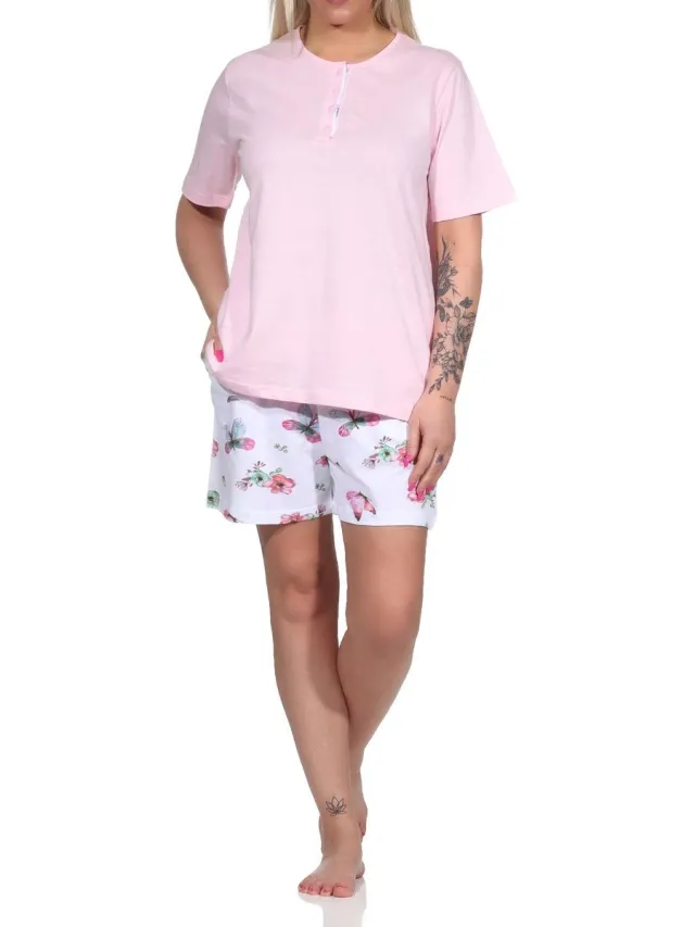 Normann Dames shorty pyjama met korte mouwen en korte broek in bloemen vlinderprint rosa