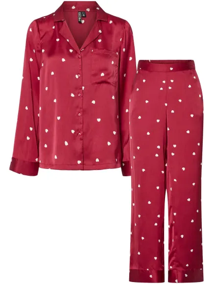 Pieces Dames pyjama set pcjytte hartjes satijn nachtset Rood