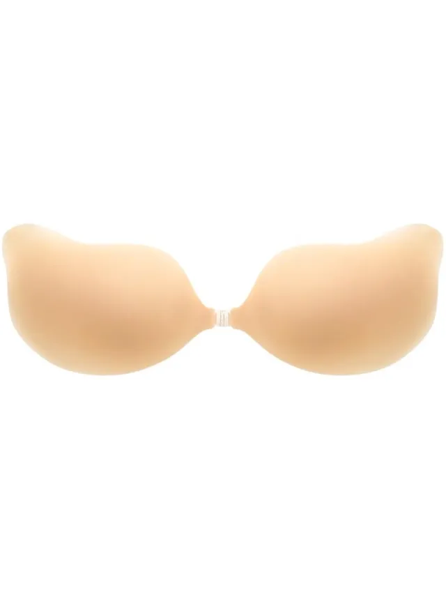 Bye Bra Plunge zelfklevende siliconen strapless bh, herbruikbare push-up cups met clip aan de voorkant, diepe decolleté ondersteuning voor rugloze en laag uitgesneden outfits, beige (VK, cup & band, D, standaard, beige)
