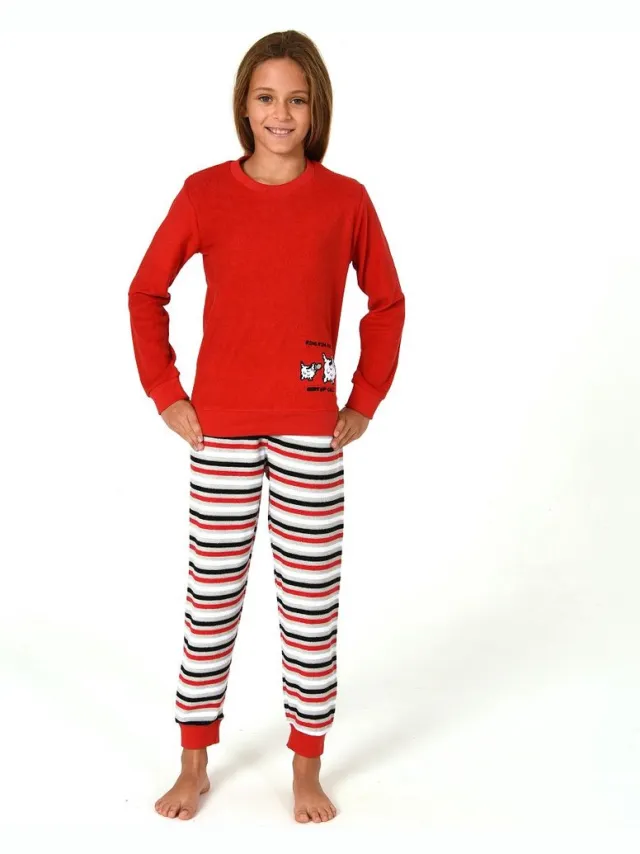 Normann Meisjespyjama, badstof pyjama met manchetten en een schattig motief - gestreepte look rot2