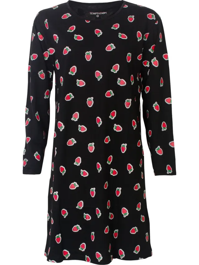 Temptation Dames Bigshirt - Aardbeien dessin - Zwart