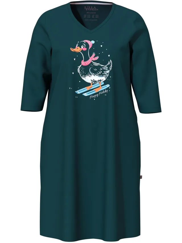 Ulla Popken Dames - Bigshirt eend op ski's V-hals 3/4-mouwen - Pijnboomgroen - Maat 46+