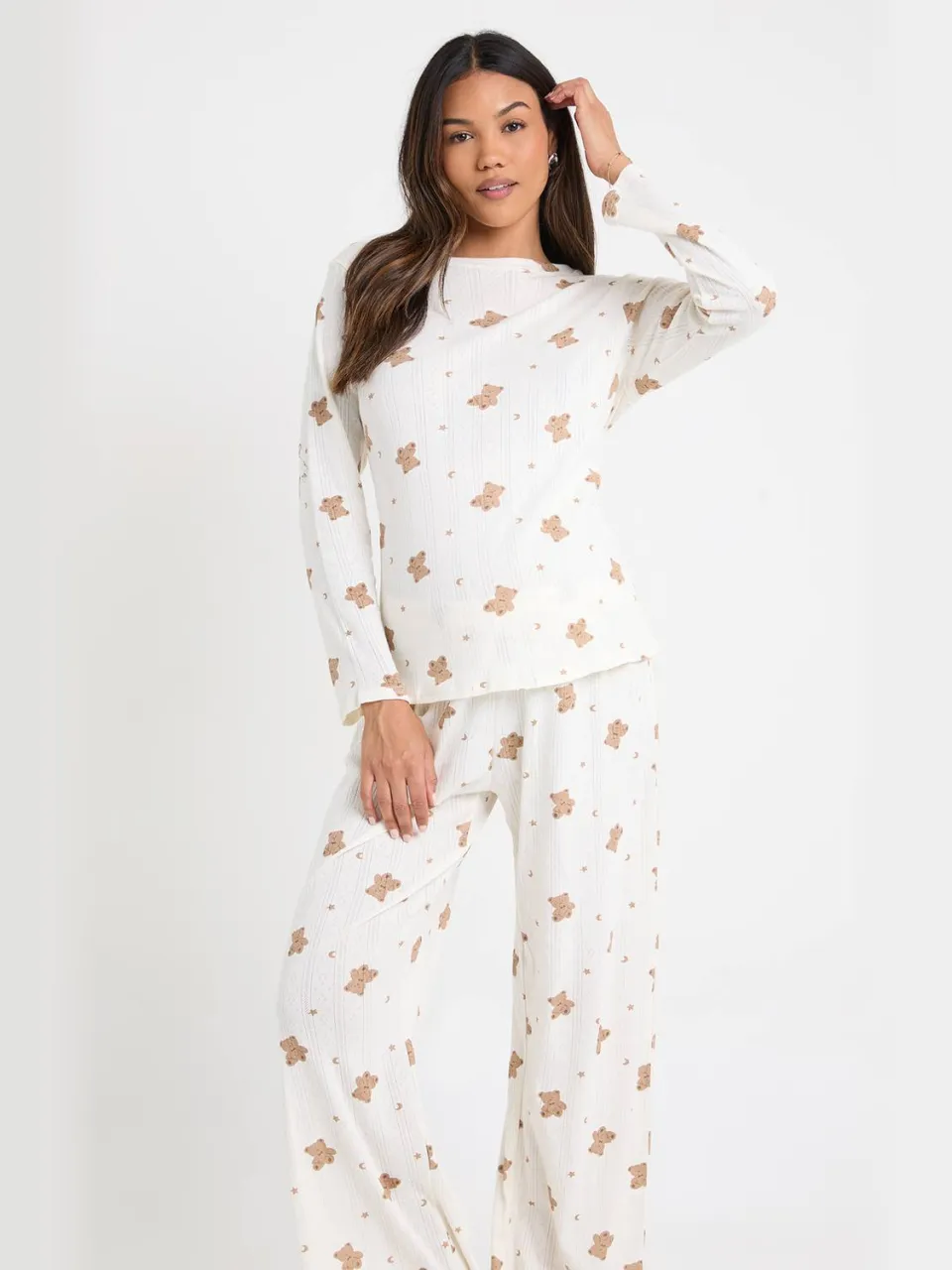 boohoo Dames Zwangerschaps Pointelle Berenprint Lange Mouw Top & Broek Pyjamasset crème, foto 3