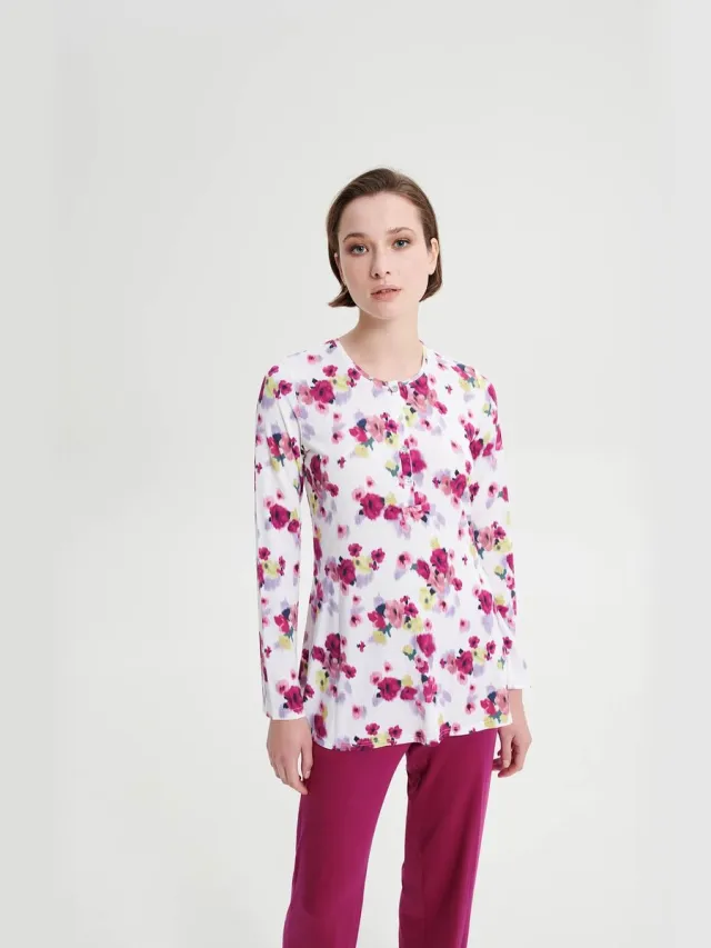 Vamp! Pyjama Dames Volwassenen Micromodal | Lange Mouw Lange Broek | Grote Maten | Fuchsia Berry 19031 Wit