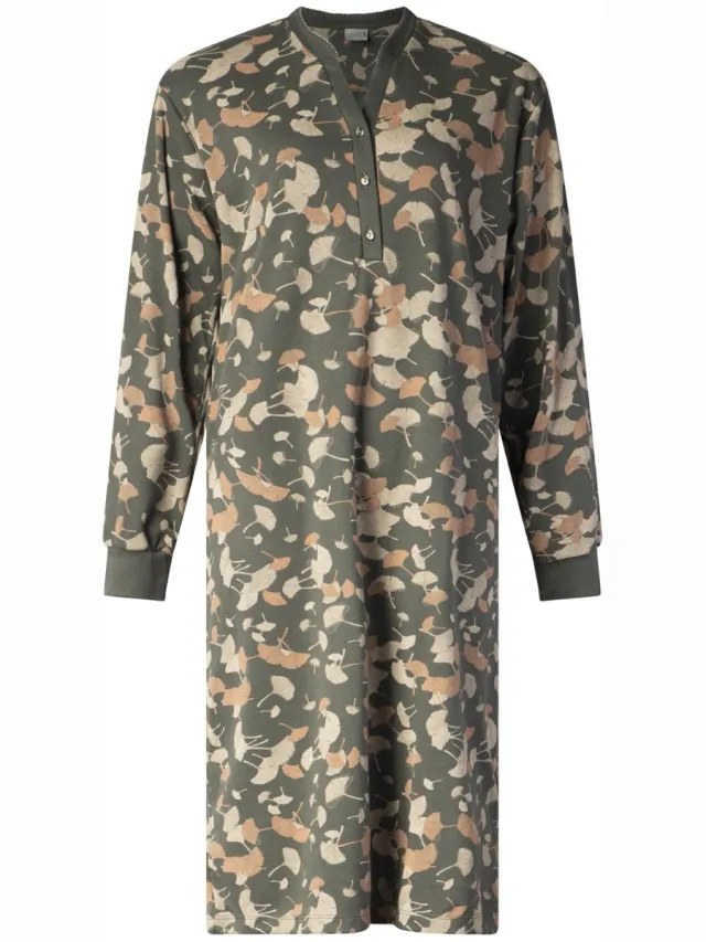 Lunatex warm dames nachthemd 224188 - aangeruwd interlock - green flower print print groen