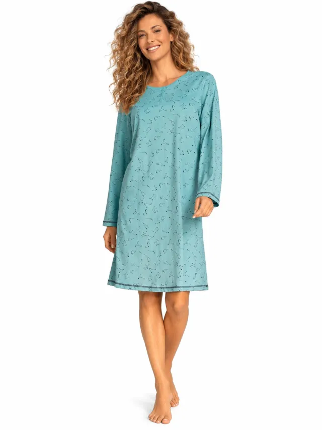 Comtessa Dames - Nachthemd – 100% Katoen – Lange Mouw – Aquatint – 100 cm Lang Lagoon Blauw