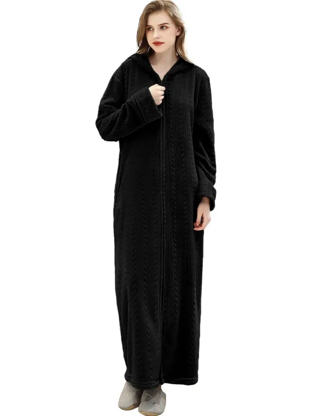 Unyqoos Comfortabele lange damesbadjas met ritssluiting en capuchon van zachte fleece stof zwart