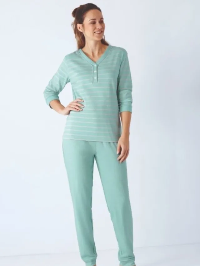 Hajo Premium katoen dames pyjama turquoise gemêleerd Hajo - Blauw - Maat - 36/38