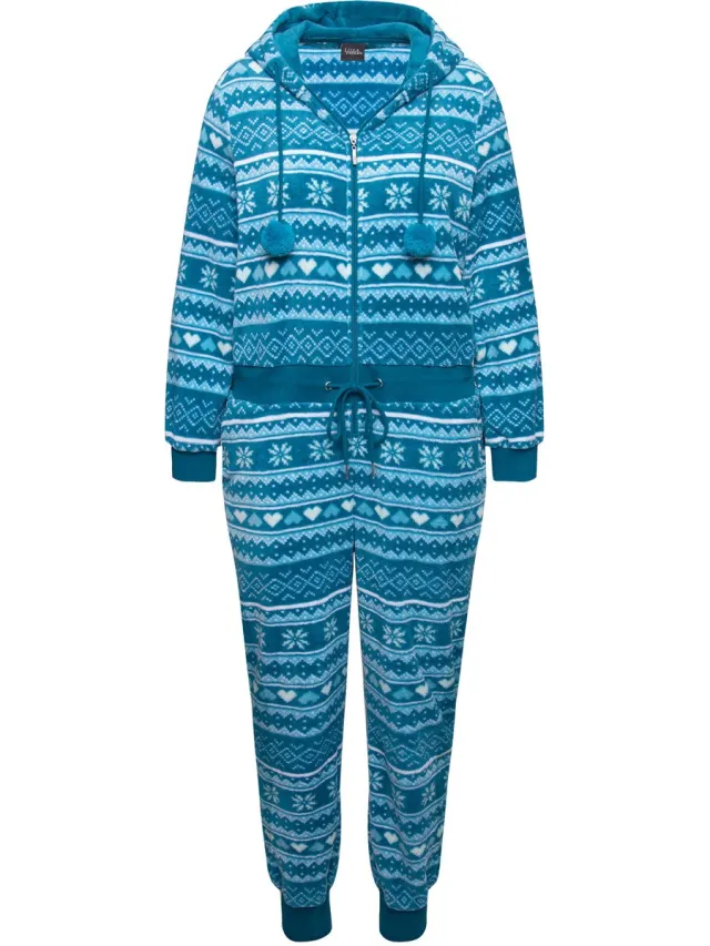 Ulla Popken Dames - Homewear overall pluche Noors patroon capuchon - Saffier - Maat 46+