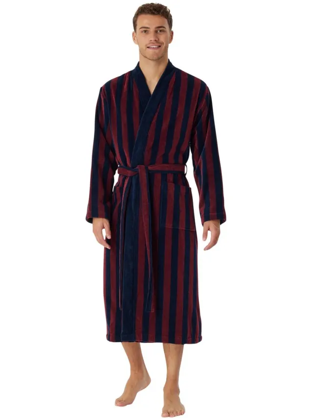 Schiesser Essentials badjas - heren badjas zacht velours bordeaux gestreept