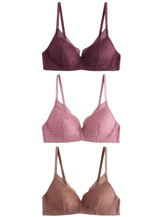Next Dames - Set van 3 kanten beha's met vulling zonder beugel - Bruin Plum/Mocha/Pink