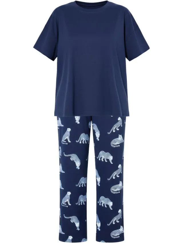 Studio Untold Dames - Pyjama tweedelig effen shirt lange broek luipaard - Marine - Maat 46+