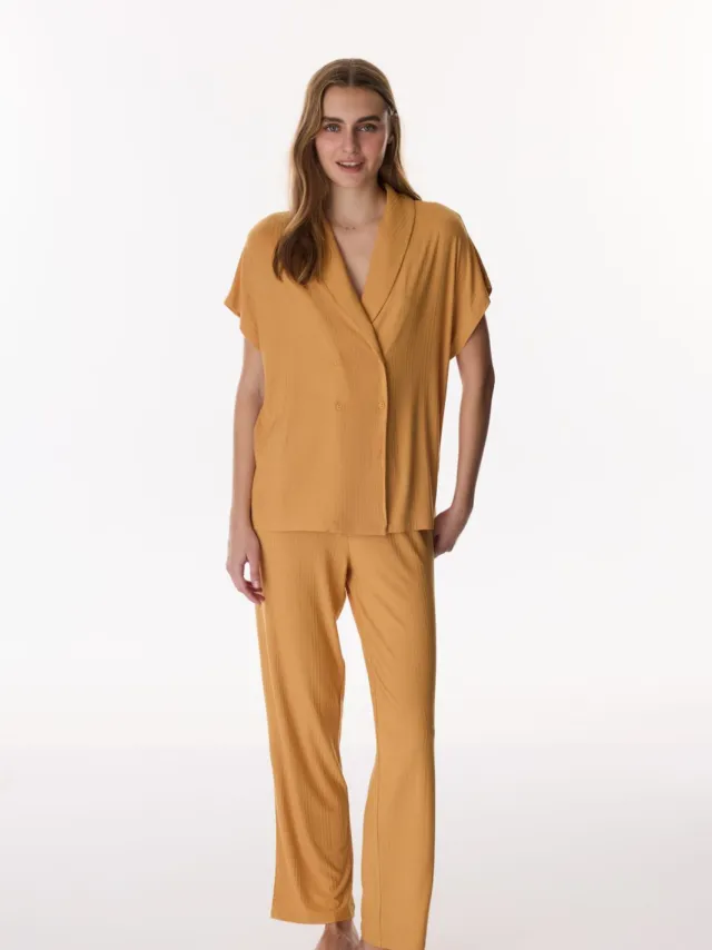 Penti Kaneel Margot Geribde Korte Mouwen Broek Pyjama Set Geel