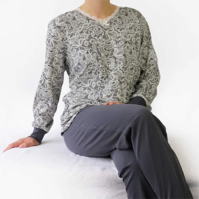 Medaillon Dames Pyjama - Katoen - Geprint Dessin - Grijs