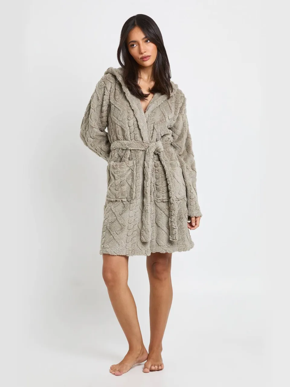 boohoo Dames Kabel Fleece Mini Capuchon Ochtendjas Grijs