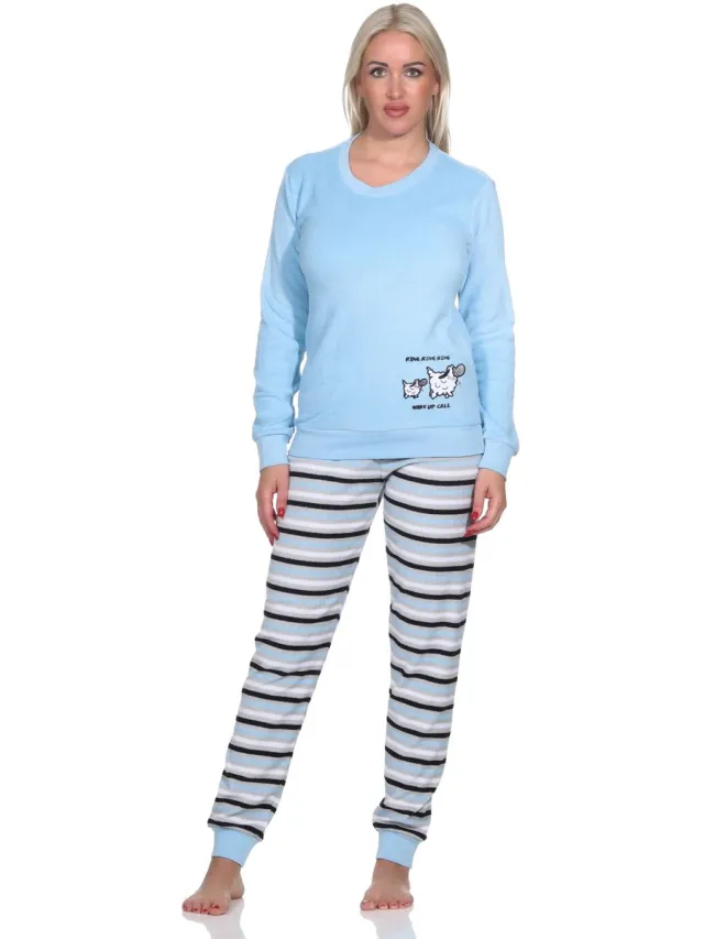 Normann Dames badstof pyjama, broek gestreept, top met schattig dierenmotief - ook in oversize blau
