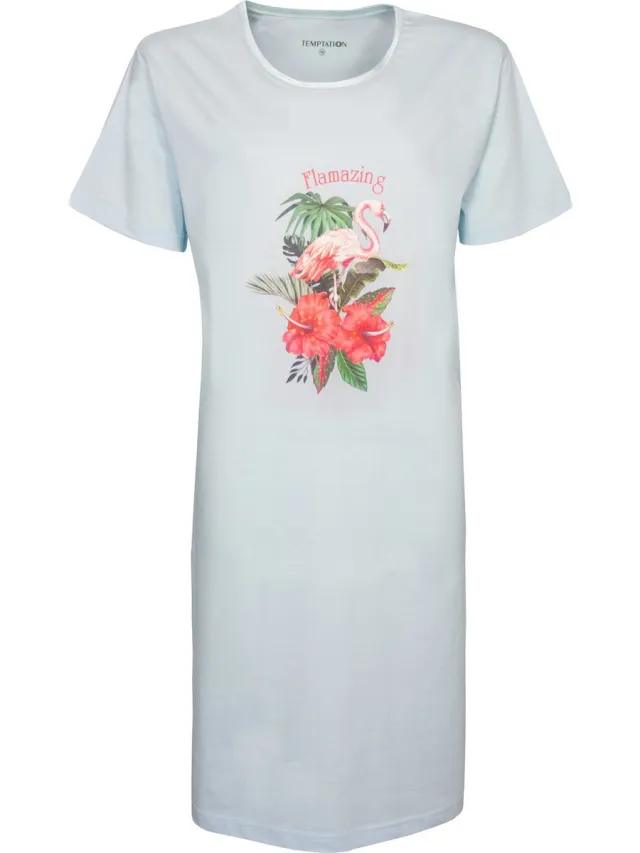 Temptation Dames Bigshirt - Flamingo Print - Licht Blauw