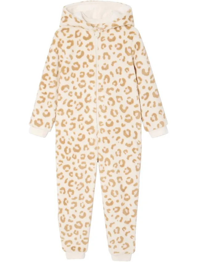 vertbaudet Meisjespyjama jumpsuit met luipaardprint van sherpa beige