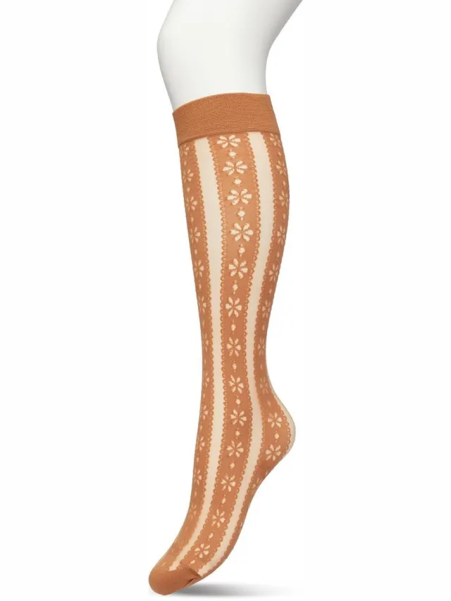 Bonnie Doon Dames Bloemen Panty Kniekousen Licht Bruin - Knie Kousen 50 denier - Gebloemd - Bloemen Print - Uitstekend draagcomfort - Flower Stripe Knee High - Kniesokken - Zakt niet af - OEKO-TEX - Bruin - Beige - Macaroon - BP221804.275