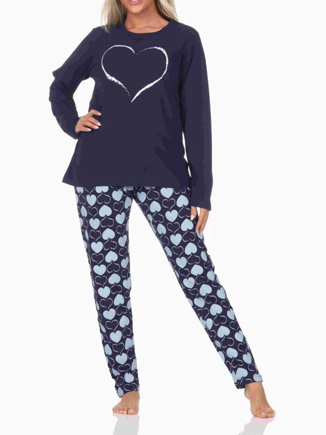 Normann dames pyjama lange mouw in hartjespolkadots look navy