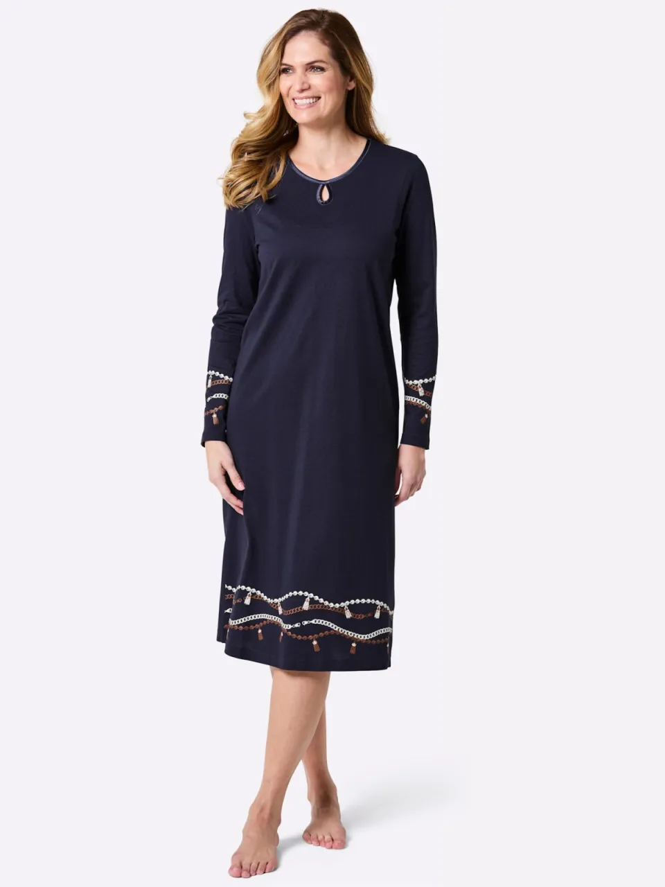 nachthemd marineblauw met kettingprint marine/champagne bedrukt