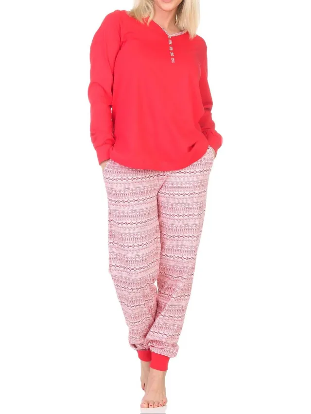 Normann damespyjama met lange mouwen en manchetten in Ethnolook - Ook in oversizes pink