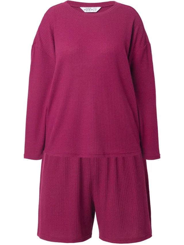 Studio Untold Dames - Pyjama tweedelig gestructureerde jersey lange mouwen - Wijnrood - Maat 50+