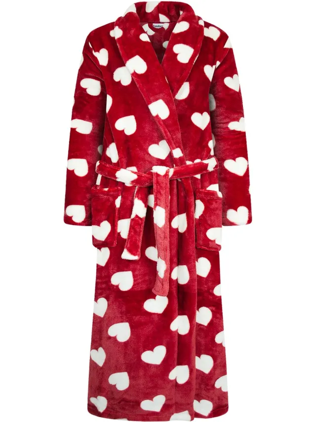 GAUBERT Dames Badjas Extra Lang met Sjaalkraag en Ceintuur - Ochtendjas - Superzacht Coral Fleece - Dames - Rood met Hartjes Valentijn - 8216 Dames, Ceintuur, Rood met Hartjes