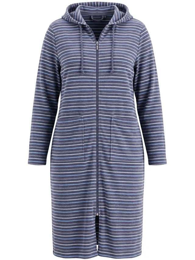 Ulla Popken Dames - Badjas strepen 2-weg zipper lange mouw badstof - Donkergrijs - Maat 46+
