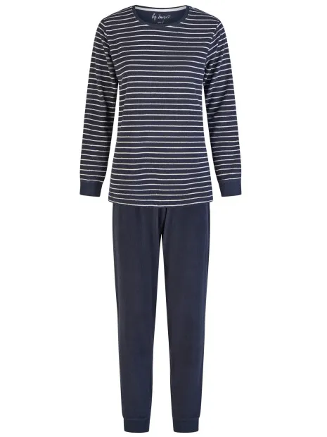 By Louise Dames winter pyjama set lang badstof donker gestreept Blauw