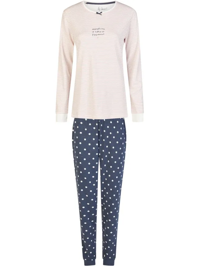 By Louise Dames Winter Pyjama Set Lang Interlock Wit/Blauw Gestreept/Gestipt