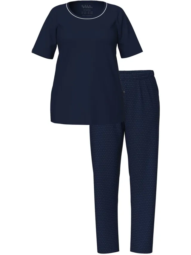 Ulla Popken Dames - Pyjama tweedelig stippen korte mouw - Nachtblauw - Maat 62+