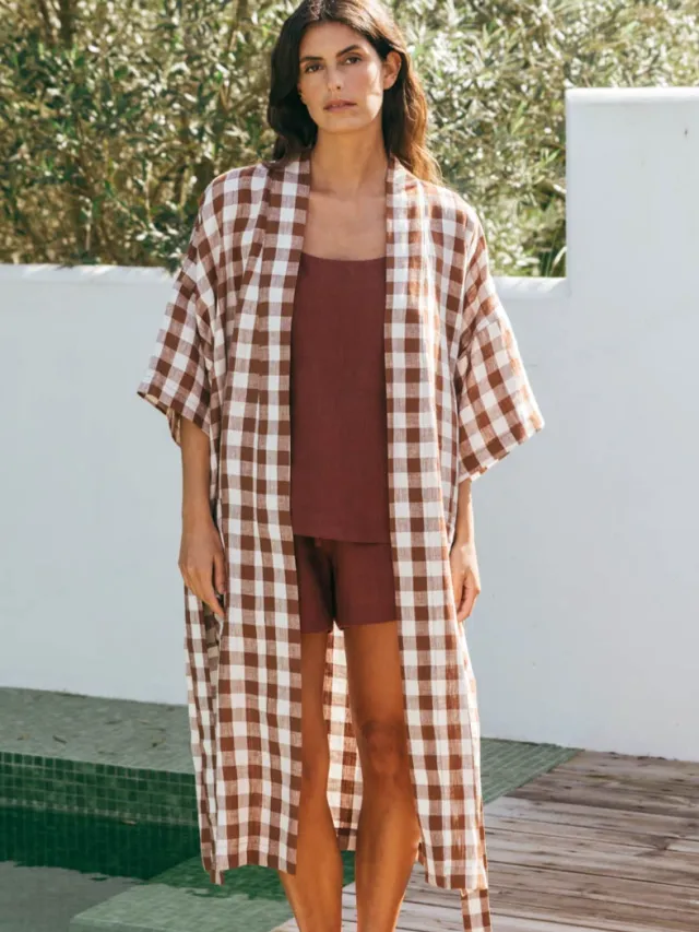 AmourLinen dames vegan Badjas Midnight Mocha Gingham Bruin