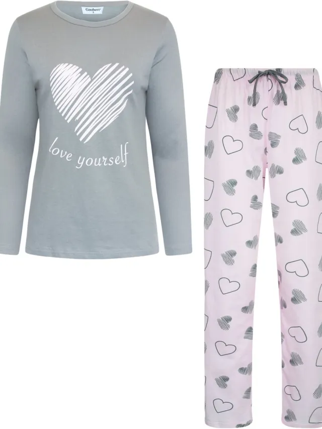 GAUBERT Essential Dames Pyjama Lange Mouw - Broek met Zakken - Premium Gekamd Katoen - Love Yourself - Grijs - GB-2801 Lange Mouw Pyjama, Grijs, Love Yourself