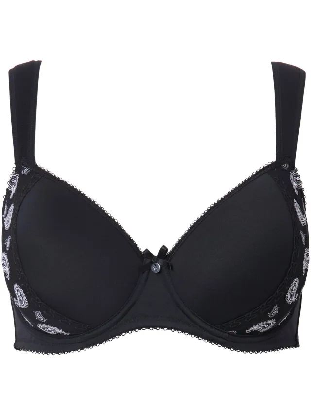 Ulla Popken Dames - Beugelbeha paisley-patroon spacercups - Zwart