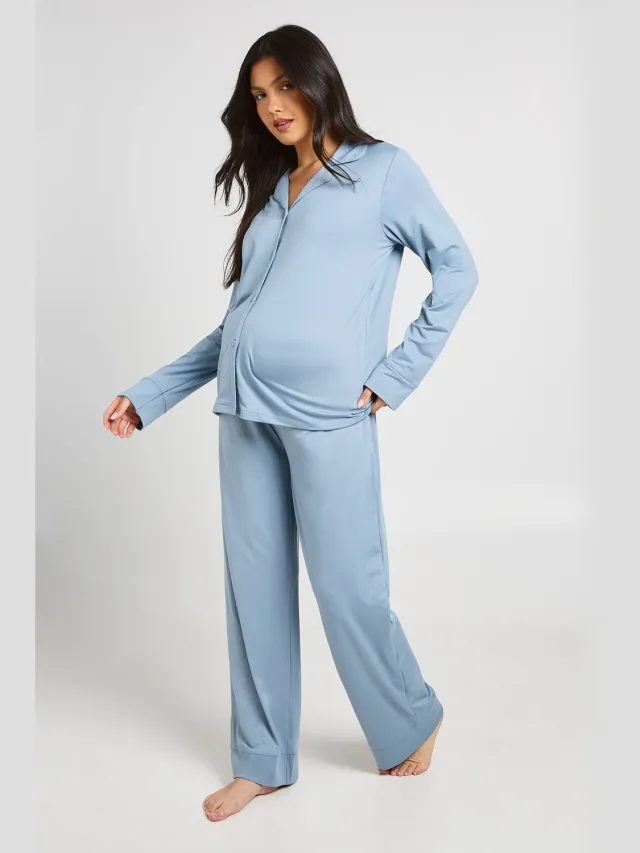 boohoo Dames Zwangerschaps Pyjama Set Met Zacht Aanvoelend Doorknoop Shirt En Broek Lichtblauw