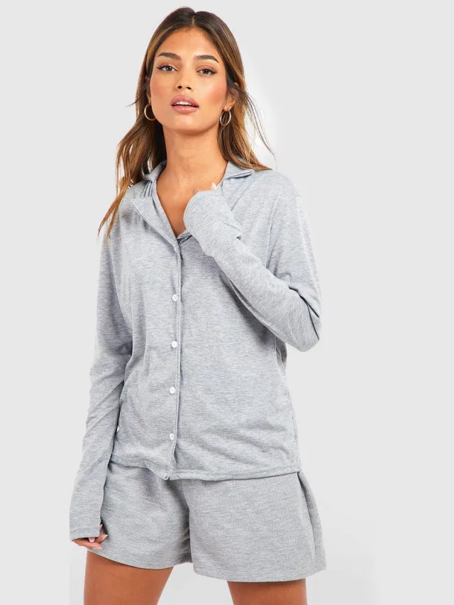 boohoo Dames Jersey Pyjamashirt met Lange Mouwen en Knoopsluiting Grijze Mergel