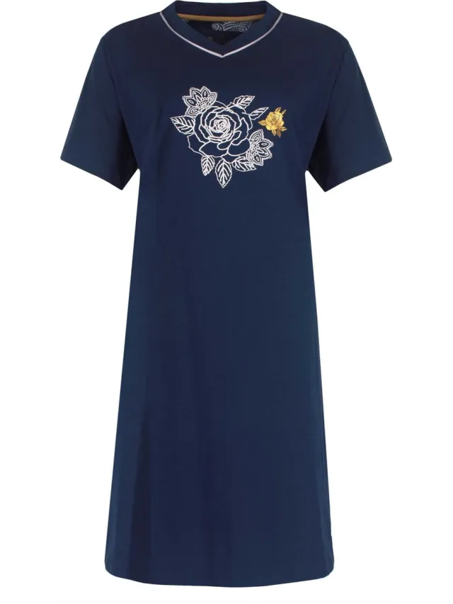 Medaillon Dames Nachthemd - 100% Katoen - Marine Blauw