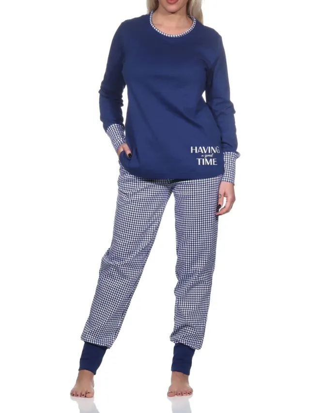 Normann dames pyjama met manchetten in casual look in aaibare interlock kwaliteit marine
