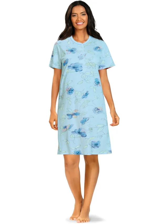 Comtessa Klassiek Nachthemd 'Flowers Dreaming' - Blauw - Korte Mouw - 105cm