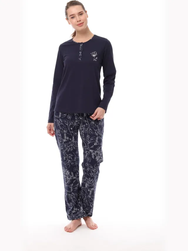 Pijadore Dames Pyjama Set, Lange Mouwen, Donkerblauw