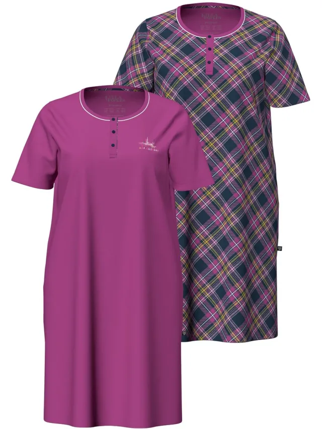 Ulla Popken Dames - Bigshirts set van 2 geruit/paisley ronde hals korte mouwen - Bes - Maat 46+