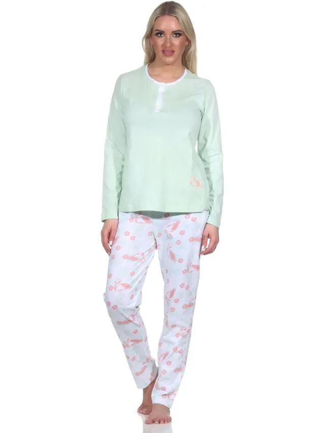 Normann Elegante damespyjama met lange mouwen met flamingomotief en knoopsluiting bij de hals grün