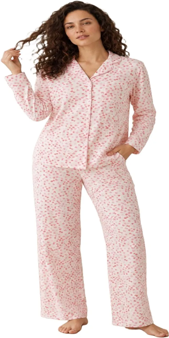 Imily Bela Dames Tweedelige Pyjamaset met Bloemenprint, Reverskraag en Lange Broek Roze